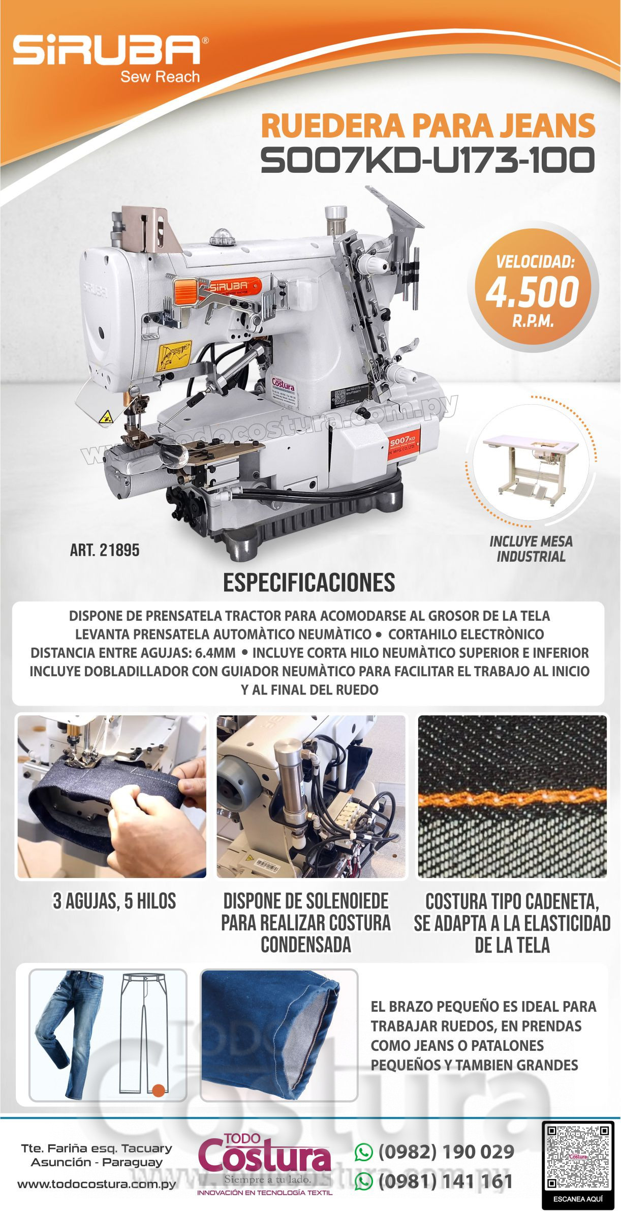 COLLARETA (ELECTRONICA - RUEDERA P/ JEANS) SIRUBA S007KD-U173-100/SAR/RF/UTT (MOTOR INCORPORADO)